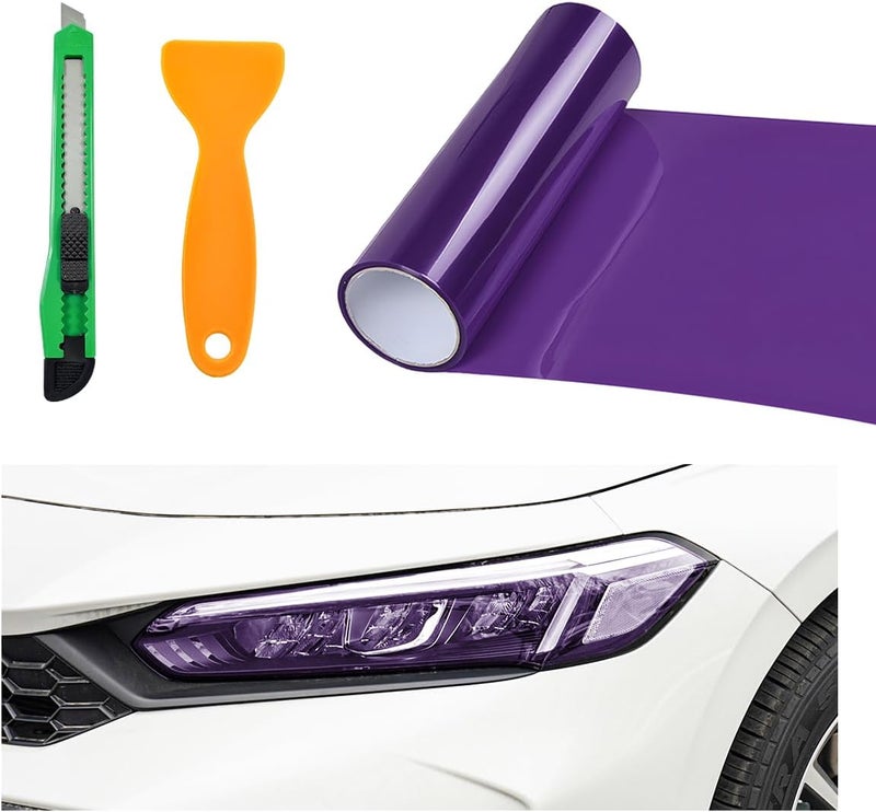 MUQIDA Headlight Vinyl Film Sticker Sheet Roll, 47.2"×11.8" Self-Adhesive Tint Vinyl Film for Car Tail Lights Fog Lights, Air-Release Headlight Tint Wrap Film with Squeegee & Cutter (Purple) - Image 1